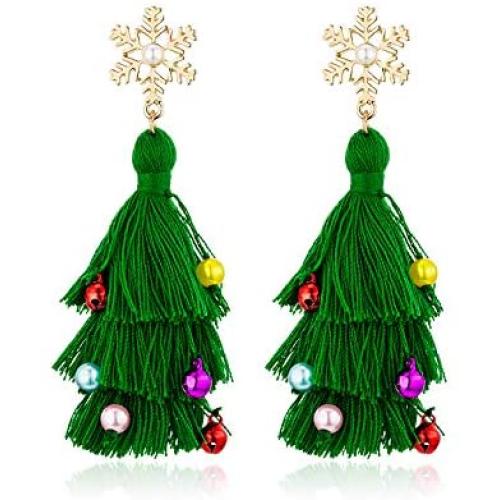 Lightweight Christmas Tree Tassel Beaded Earrings, Bohemian Dangle Drop Green Earrings, Twined with Colored Beads Earring for Women Girls Gift