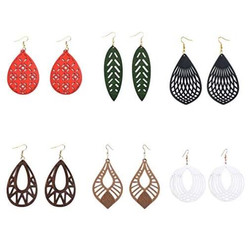 6 Pairs Ethnic Wooden Dangle Earrings Bohemian Wooden Hollow African Drop Earrings Sets Lightweight African Style Wood Teardrop Hook Earrings Retro Natural Wood Statement Earrings Jewelry