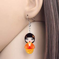 WEVENI Acrylic Japanese Kimono Girl Doll Earrings Dangle Drop Cute Jewelry For Women Girls Novelty Gifts