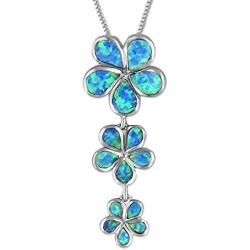 Sterling Silver Synthetic Blue Opal 3 Plumeria Pendant Necklace, 16+2'' Extender
