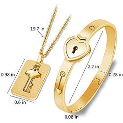 Lock and Key Bracelet and Necklace Set, His& Hers Matching Set Plated Titanium Love Lock Set Couple Heart Bangle Bracelet Lock Key Pendants