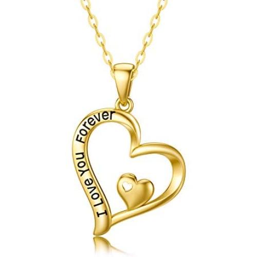 FENCCI Solid 14K Gold Heart Necklace Engraved I Love You Forever, 16+1+1