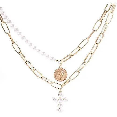 Fstrend Fashion Layered Necklace Gold Pearl Coin Pendant Chain Cross Statement Multilayer Necklaces Jewelry for Women and Girls(2Pcs) Fstrend Fashion Layered Necklace Gold Pearl Coin Pendant Chain Cross Statement Multilayer Necklaces Jewelry for Women and Girls(2Pcs)