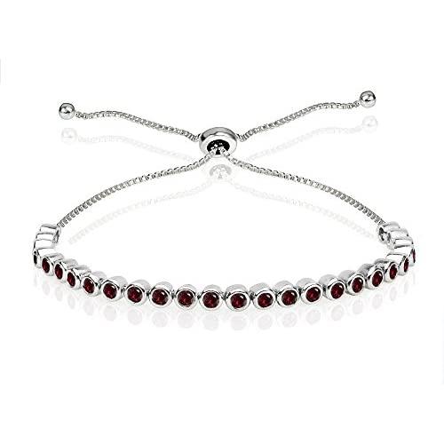 Sterling Silver Genuine, Created or Simulated Gemstone 2mm Round Bezel-Set Adjustable Dainty Tennis Bracelet