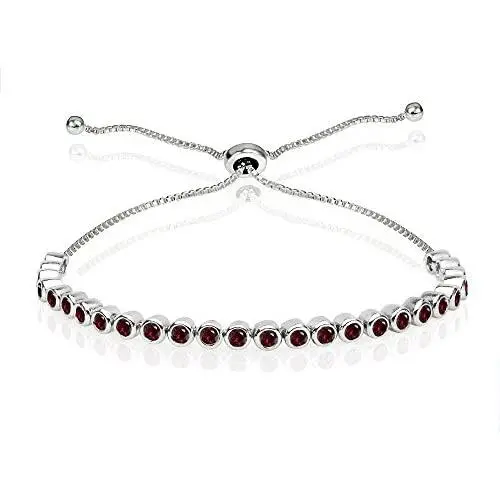 Sterling Silver Genuine, Created or Simulated Gemstone 2mm Round Bezel-Set Adjustable Dainty Tennis Bracelet Sterling Silver Genuine, Created or Simulated Gemstone 2mm Round Bezel-Set Adjustable Dainty Tennis Bracelet