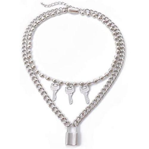 Ingemark Punk Gothic Rivet Choker Key Lock Pin Pendant Necklace Unisex Steampunk Layered Curb Rope Link Chain Choker Necklace