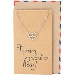 Quan Jewelry EKG Lifeline Pulse Heartbeat Charm Open Heart Pendant Necklace, Best Girt for Nurses with Inspirational Quote on Greeting Card