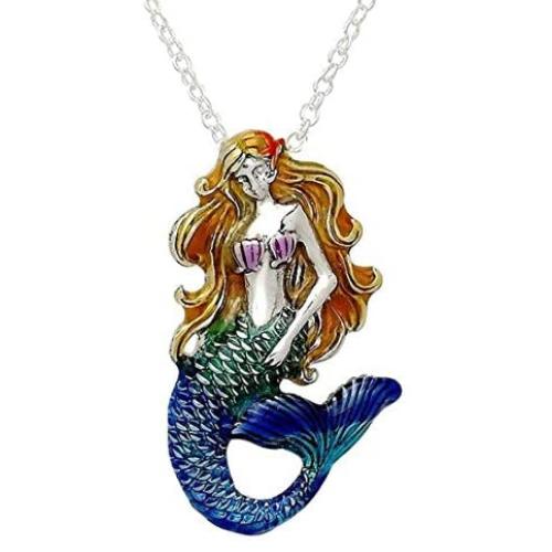 DianaL Boutique Beautiful Silver Tone Mermaid Necklace Enameled Hand Painted Gift Boxed Fashion Jewelry