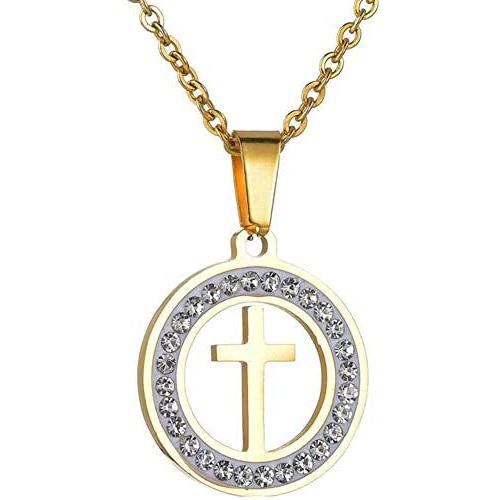 Jude Jewelers Stainless Steel Round Shape Christian Cross Cubic Zircon Pendant Necklace