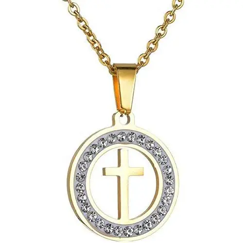 Jude Jewelers Stainless Steel Round Shape Christian Cross Cubic Zircon Pendant Necklace Jude Jewelers Stainless Steel Round Shape Christian Cross Cubic Zircon Pendant Necklace