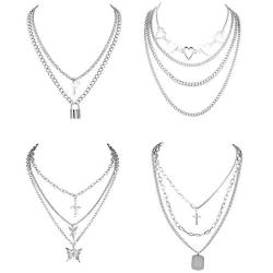 Finrezio 4Pcs Layered Chain Necklaces Set for Women Men Punk Heart Cuban Chunky Chain Necklace Statement Butterfly Lock Key Pendant Necklace