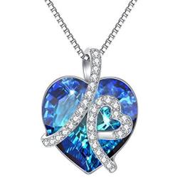 Blue Heart Crystal Pendant Necklace Sterling Silver Love Jewelry Gifts for Daughter Girlfriend Birthday Christmas