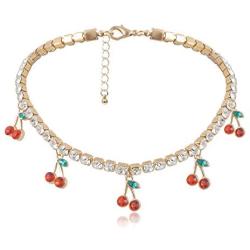 Cherry Tennis Link Chain Necklace Bling Iced Out Cherry Pendant Necklace Cute Crystal Rhinestone Clavicle Chain Necklace for Women Teen Girls Hip Hop Jewelry Gifts