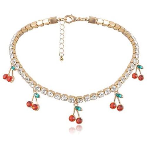 Cherry Tennis Link Chain Necklace Bling Iced Out Cherry Pendant Necklace Cute Crystal Rhinestone Clavicle Chain Necklace for Women Teen Girls Hip Hop Jewelry Gifts