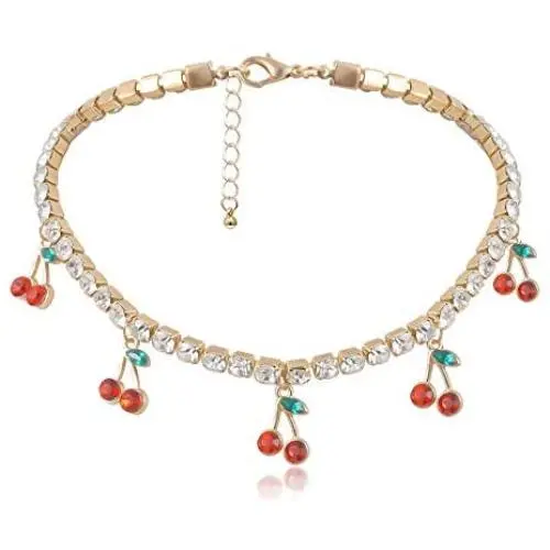 Cherry Tennis Link Chain Necklace Bling Iced Out Cherry Pendant Necklace Cute Crystal Rhinestone Clavicle Chain Necklace for Women Teen Girls Hip Hop Jewelry Gifts