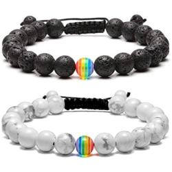 Jovivi Men Women Natural Stone Beaded Bracelet Rainbow LGBT Relationship Couples Bracelets Hematite Tiger Eye Lava Rock Yoga Beads Adjustable Braided Rope