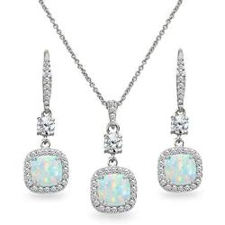 Sterling Silver Genuine or Synthetic Gemstone Cushion-Cut Halo Dangle Leverback Earrings & Pendant Necklace Set