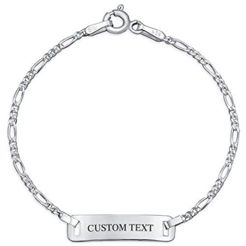 Engravable Identification ID Bracelet Figaro Name Plate Small Wrist 6 Inch For Women 925 Sterling Silver Nickle-Free