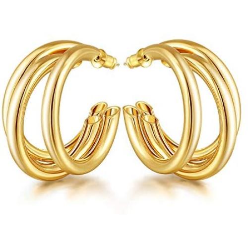 EASYSO 14K Gold Plated Hoop Earrings, Lightweight Chunky Open Hoops Hypoallergenic Earrings for Women Sensitive Ears, Silver Post Split Huggie Earrings for Teen Girls Valentines Day