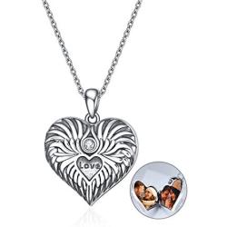 YAFEINI Heart Locket Necklace 925 Sterling Silver Guardian Angel Wings Love Message Locket Necklace That Holds Pictures for Women Jewelry Gifts for Wife