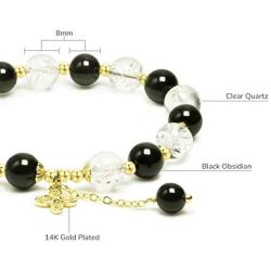 Rose&Poem Black Obsidian and Clear Quartz Crystal Bracelet, 14K Gold Plated Leaf Charm Bracelet, Handmade Natural Beaded Stretch Bracelets, Spiritual Reiki Birthstone Healing Gemstone Crystal Bead Dainty Jewelry