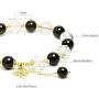 Rose&Poem Black Obsidian and Clear Quartz Crystal Bracelet, 14K Gold Plated Leaf Charm Bracelet, Handmade Natural Beaded Stretch Bracelets, Spiritual Reiki Birthstone Healing Gemstone Crystal Bead Dainty Jewelry