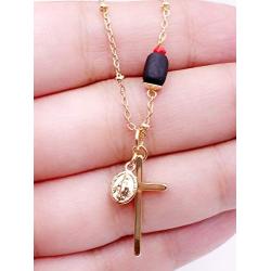 Religious Necklace for Women 18K Gold Plated Chain Cross & Miraculous Pendant Genuine Azabache Protection Jewelry