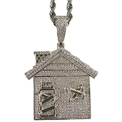 Shop-iGold Custom Trap Men Women 925 Italy White Gold Finish Iced Silver Charm Ice Out Pendant Stainless Steel Real 3 mm Rope Chain, Mans Jewelry, Iced Pendant, Rope Necklace 16''- 24''