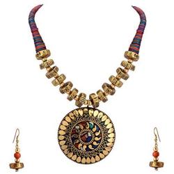 Zephyrr Hand Crafted Fashion Tibetan Beaded Pendant Long Necklace Earrings Set for Women Casual Junk Jewelry