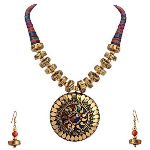Zephyrr Hand Crafted Fashion Tibetan Beaded Pendant Long Necklace Earrings Set for Women Casual Junk Jewelry