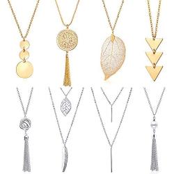 YWLI 8 PCS Long Necklaces for Women - Fashion Pendant Necklace Jewelry, Multi Layer Necklace, Tassel Necklace, Leaf Necklace, Y Necklace, Gifts for Women