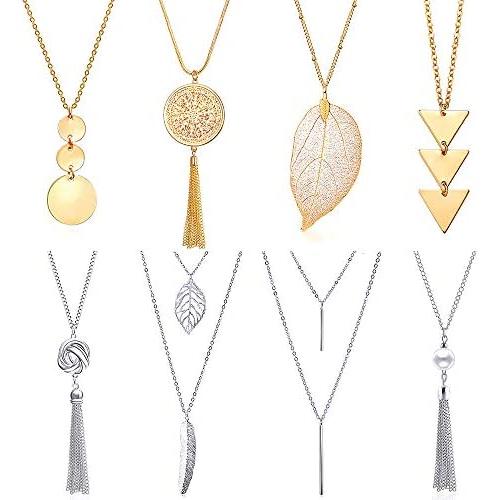 YWLI 8 PCS Long Necklaces for Women - Fashion Pendant Necklace Jewelry, Multi Layer Necklace, Tassel Necklace, Leaf Necklace, Y Necklace, Gifts for Women
