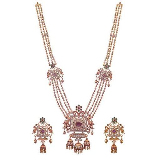 Tarinika Myra Gold-Plated Indian Jewelry Set with Long Necklace and Earrings - White Red Green