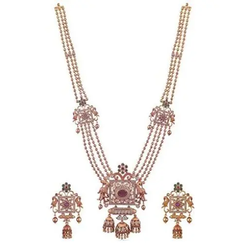 Tarinika Myra Gold-Plated Indian Jewelry Set with Long Necklace and Earrings - White Red Green Tarinika Myra Gold-Plated Indian Jewelry Set with Long Necklace and Earrings - White Red Green