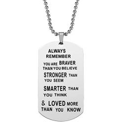 iJuqi Always Remember You are Braver Than You Believe Dog Tag Pendant Necklace, Inspirational Gifts Jewelry for Women Men Teen Girls Boys, Stainless Steel