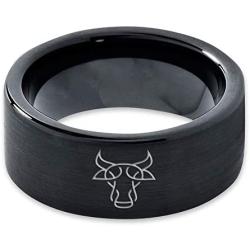 Bull Taurus Muscular Horns Cattle Ring - Tungsten Band 8mm - Men - Women - 18k Rose Gold Step Bevel Edge - Yellow - Grey - Blue - Black - Brushed - Polished - Wedding - Gift Dome Flat