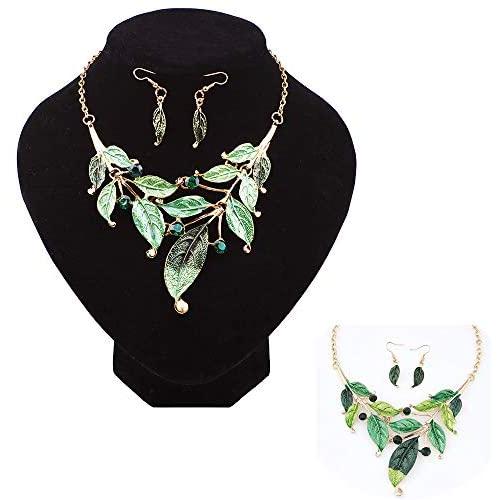 Jurxy Vintage Statement Necklace and Earrings Set Party Leaves Pendants Bib Necklaces Fashion Chunky Jewelry for Women Girls - Green