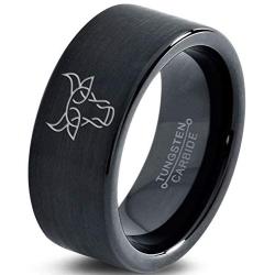 Bull Taurus Muscular Horns Cattle Ring - Tungsten Band 8mm - Men - Women - 18k Rose Gold Step Bevel Edge - Yellow - Grey - Blue - Black - Brushed - Polished - Wedding - Gift Dome Flat