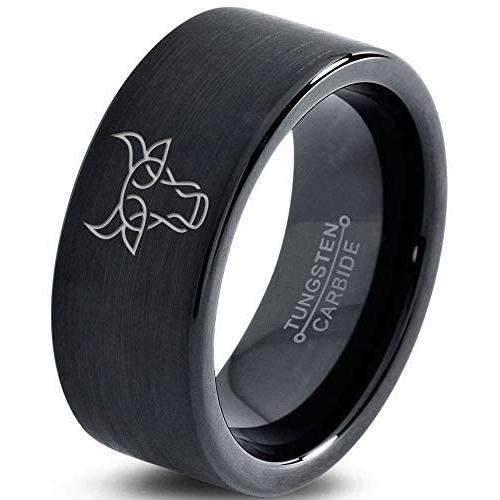 Bull Taurus Muscular Horns Cattle Ring - Tungsten Band 8mm - Men - Women - 18k Rose Gold Step Bevel Edge - Yellow - Grey - Blue - Black - Brushed - Polished - Wedding - Gift Dome Flat