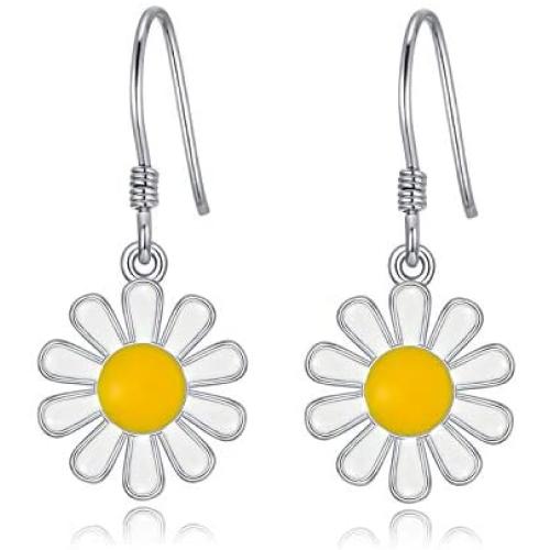 Daisy Flower Hook Earrings Sterling Silver Dangle Dangling Cute Jewelry Birthday Gifts for Women Teen