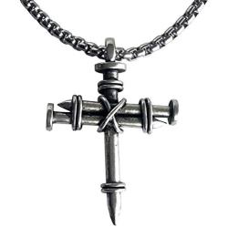FORGIVEN JEWELRY Wire Wrapped Three Nails Cross Necklace on Heavy Chain