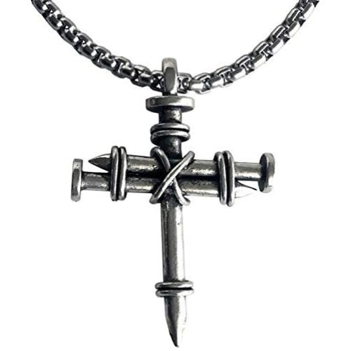 FORGIVEN JEWELRY Wire Wrapped Three Nails Cross Necklace on Heavy Chain