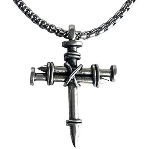 FORGIVEN JEWELRY Wire Wrapped Three Nails Cross Necklace on Heavy Chain FORGIVEN JEWELRY Wire Wrapped Three Nails Cross Necklace on Heavy Chain
