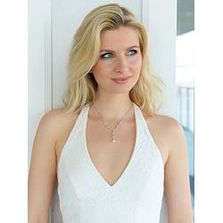 Mariell Freshwater Pearl and CZ Tulip Dangle Wedding Necklace - Silver Platinum Plated Jewelry for Brides