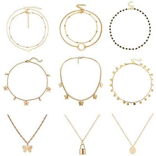 MELLIFO 9PCS Butterfly Choker Necklace Gold Silver Layered Chain Dainty Choker Pendant Necklaces for Women Girls