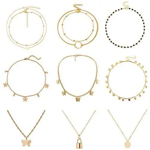 MELLIFO 9PCS Butterfly Choker Necklace Gold Silver Layered Chain Dainty Choker Pendant Necklaces for Women Girls