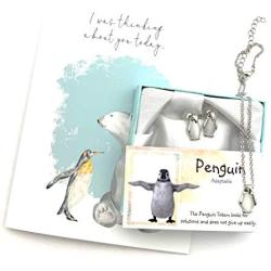 Smiling Wisdom - Penguin Quartz Cats Eye Necklace and Earrings - Friendship Thinking of You Greeting Card Gift Set - Female Woman Friend - Opaque White, Stainless Steel Posts - Silver