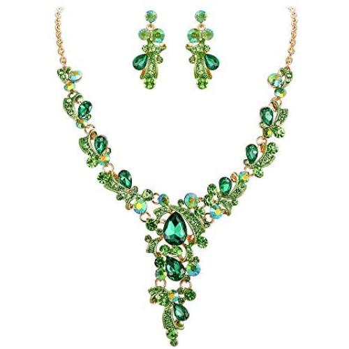 BriLove Womens Wedding Bridal Crystal Leaf Vine Teardrop Hollow Statement Necklace Dangle Earrings Set