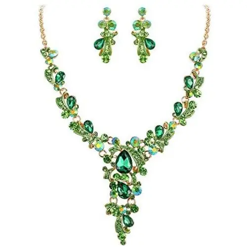 BriLove Womens Wedding Bridal Crystal Leaf Vine Teardrop Hollow Statement Necklace Dangle Earrings Set BriLove Womens Wedding Bridal Crystal Leaf Vine Teardrop Hollow Statement Necklace Dangle Earrings Set