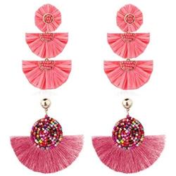 LOYALLOOK 2 Pairs Bohemian Tassel Drop Earring for Women Girls Handmade Bead Raffia Palm Tiered Long Dangle Statement Tassel Earrings